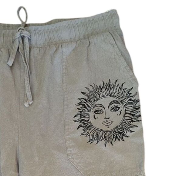 Khaki Sun Print Pull On Cotton Linen Hippie Trouser Pants Size Large - Picture 3 of 14